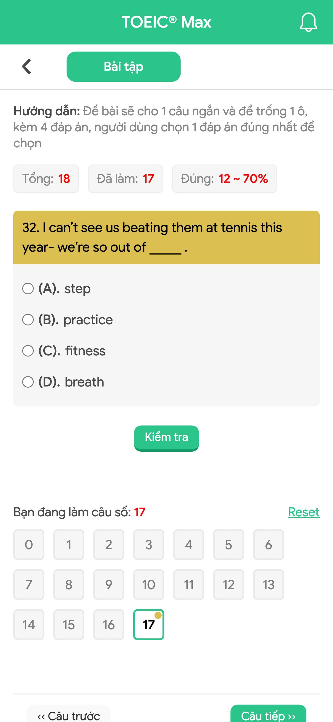 32. I can’t see us beating them at tennis this year- we’re so out of _____ .
