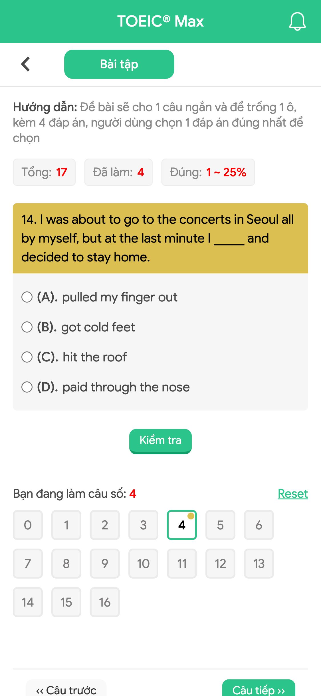14. I was about to go to the concerts in Seoul all by myself, but at the last minute I _____ and decided to stay home.