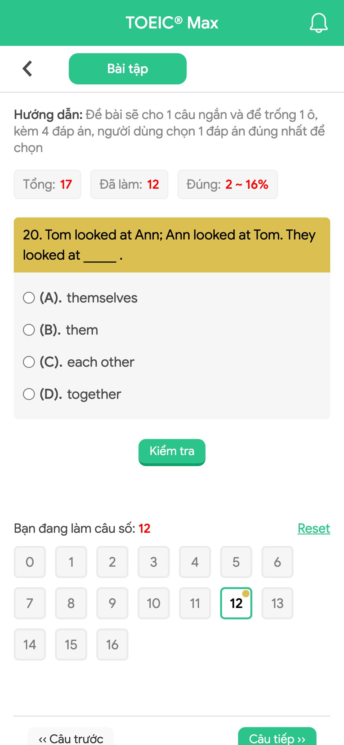 20. Tom looked at Ann; Ann looked at Tom. They looked at _____ .
