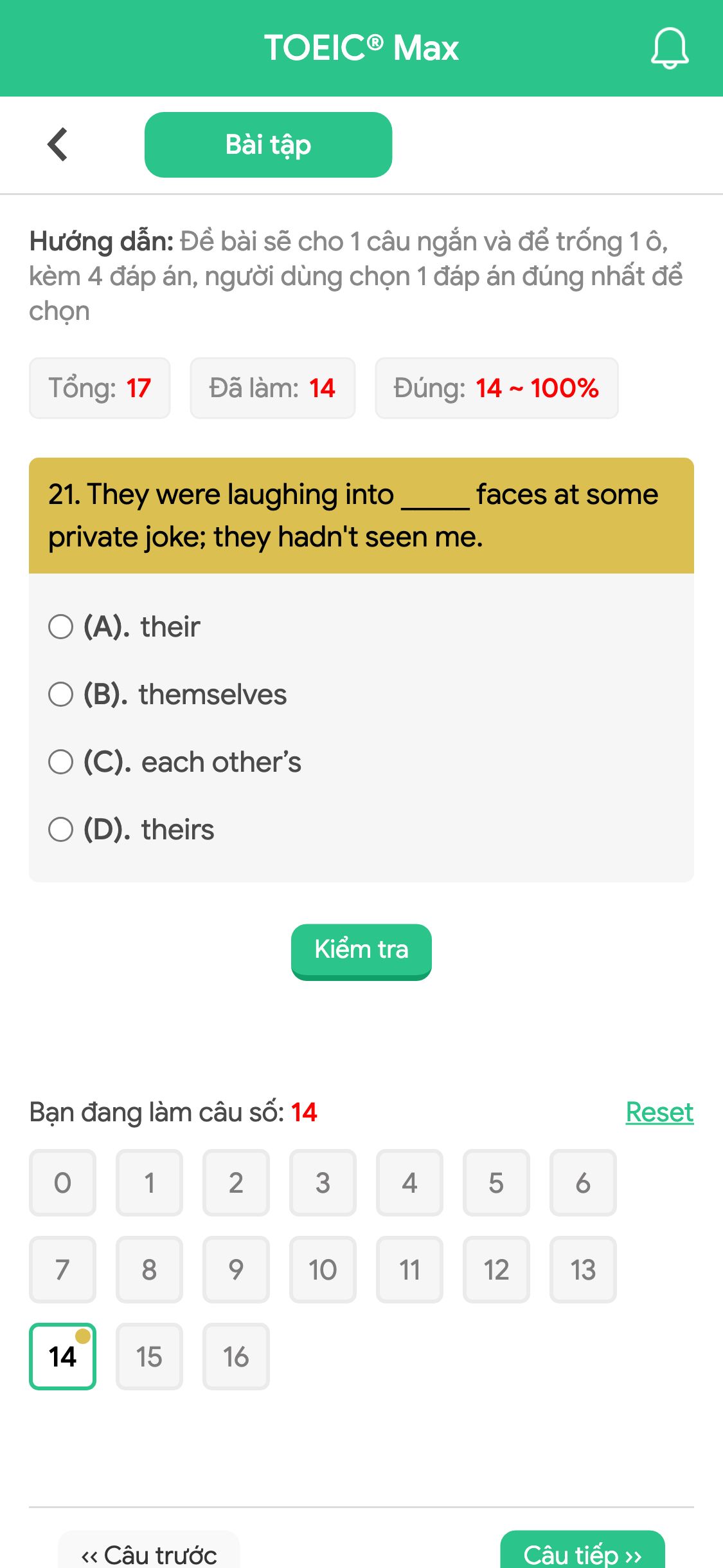 21. They were laughing into _____ faces at some private joke; they hadn't seen me.