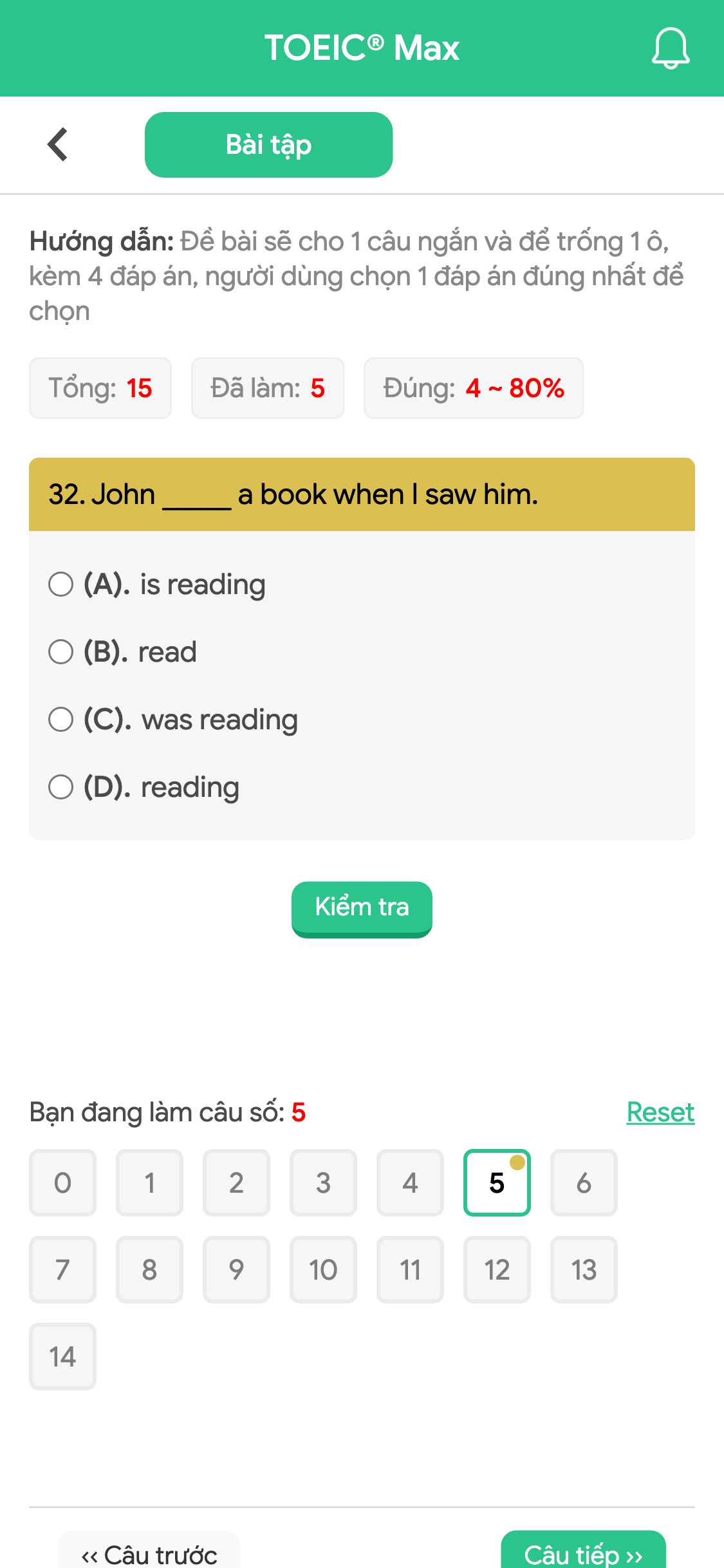 32. John _____ a book when I saw him.