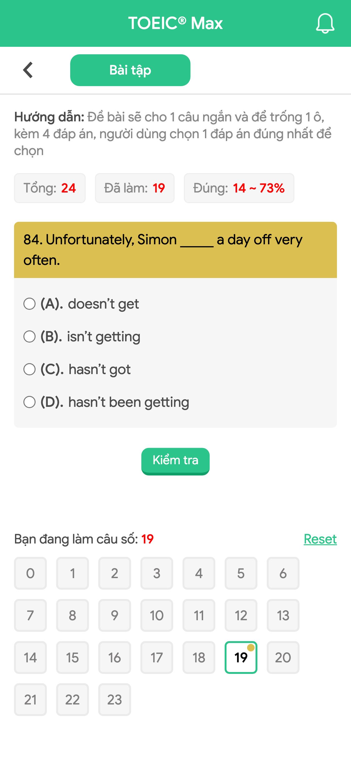 84. Unfortunately, Simon _____ a day off very often.