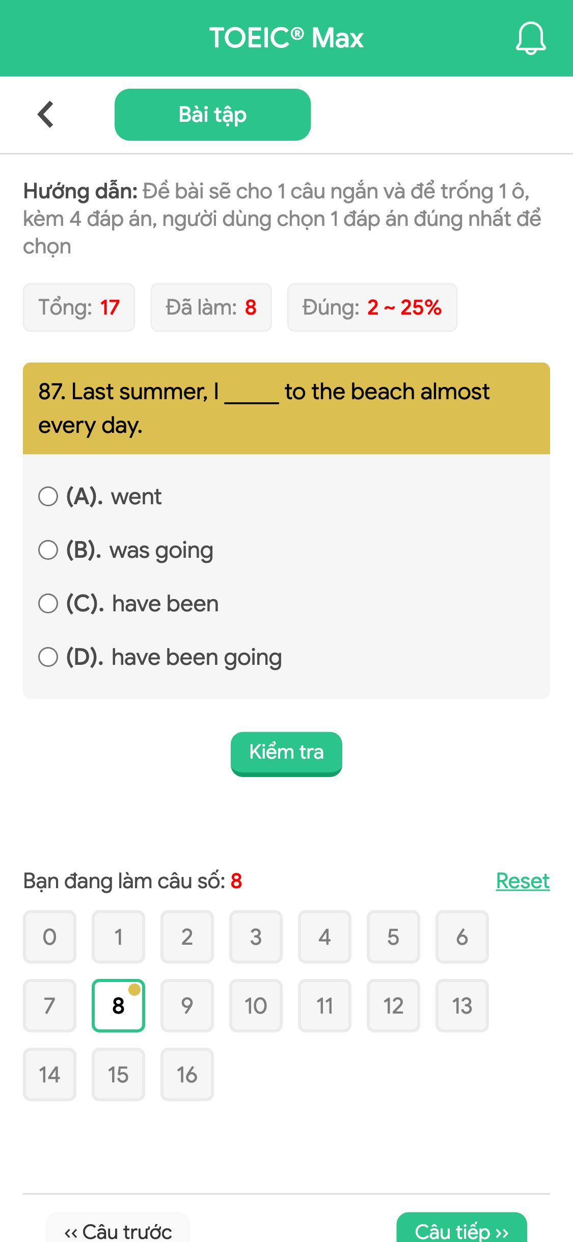 87. Last summer, I _____ to the beach almost every day.