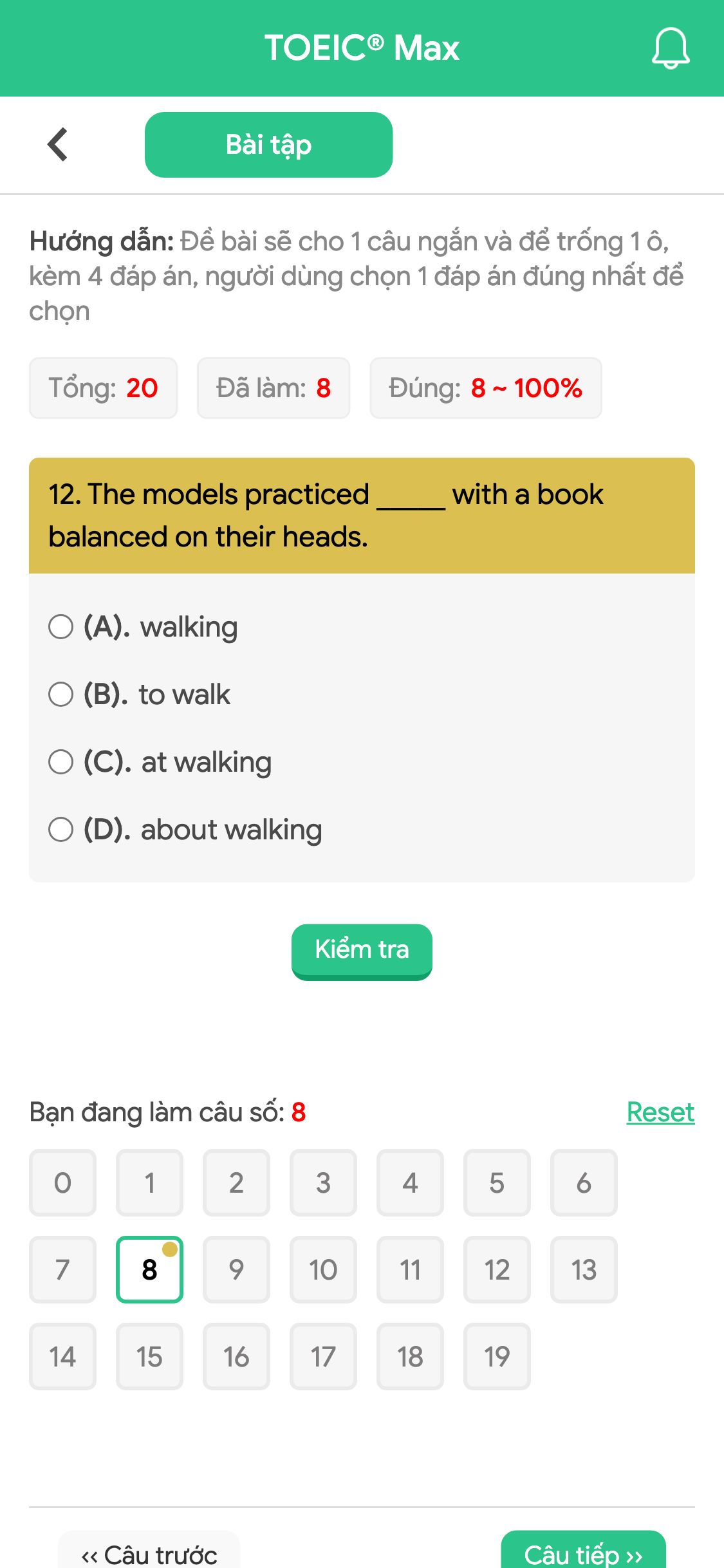 12. The models practiced _____ with a book balanced on their heads.