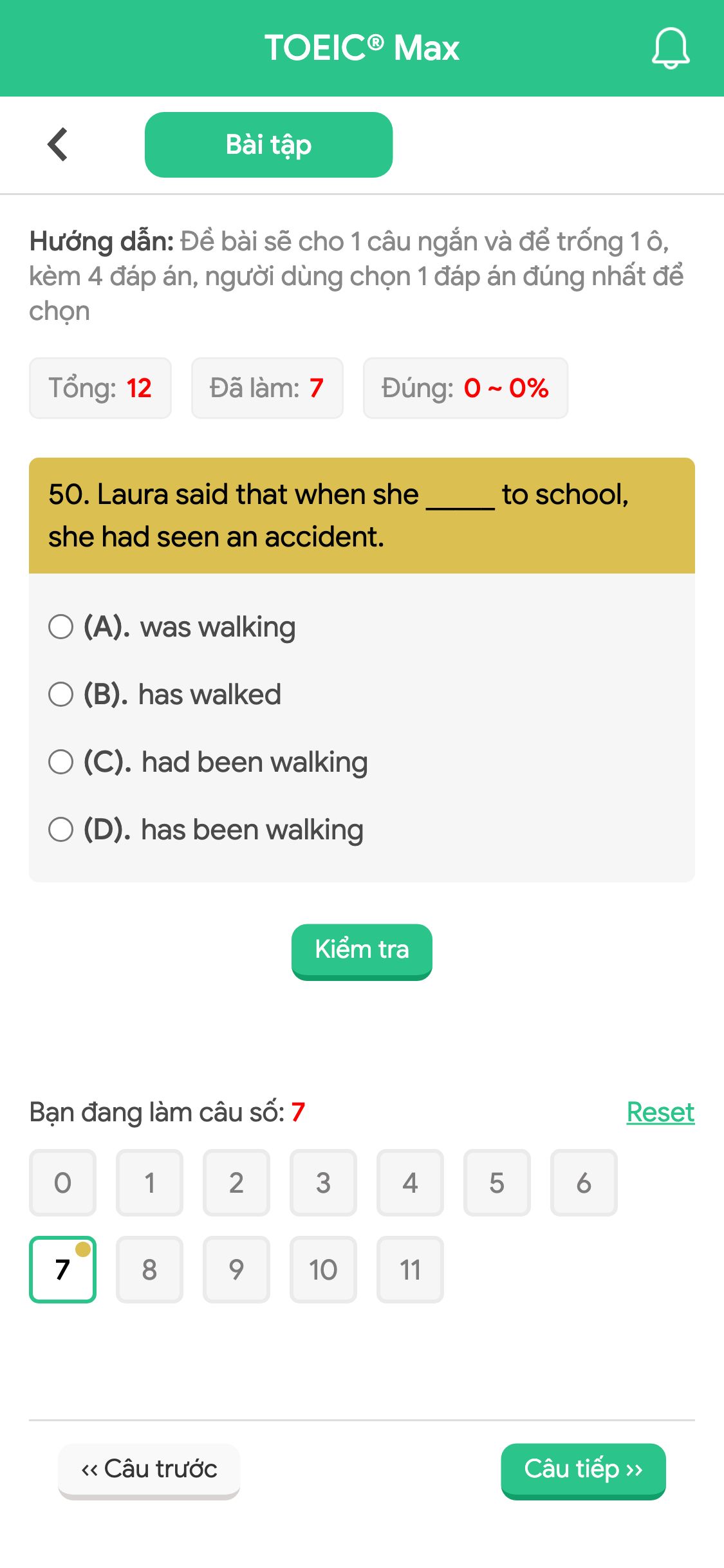 50. Laura said that when she _____ to school, she had seen an accident.