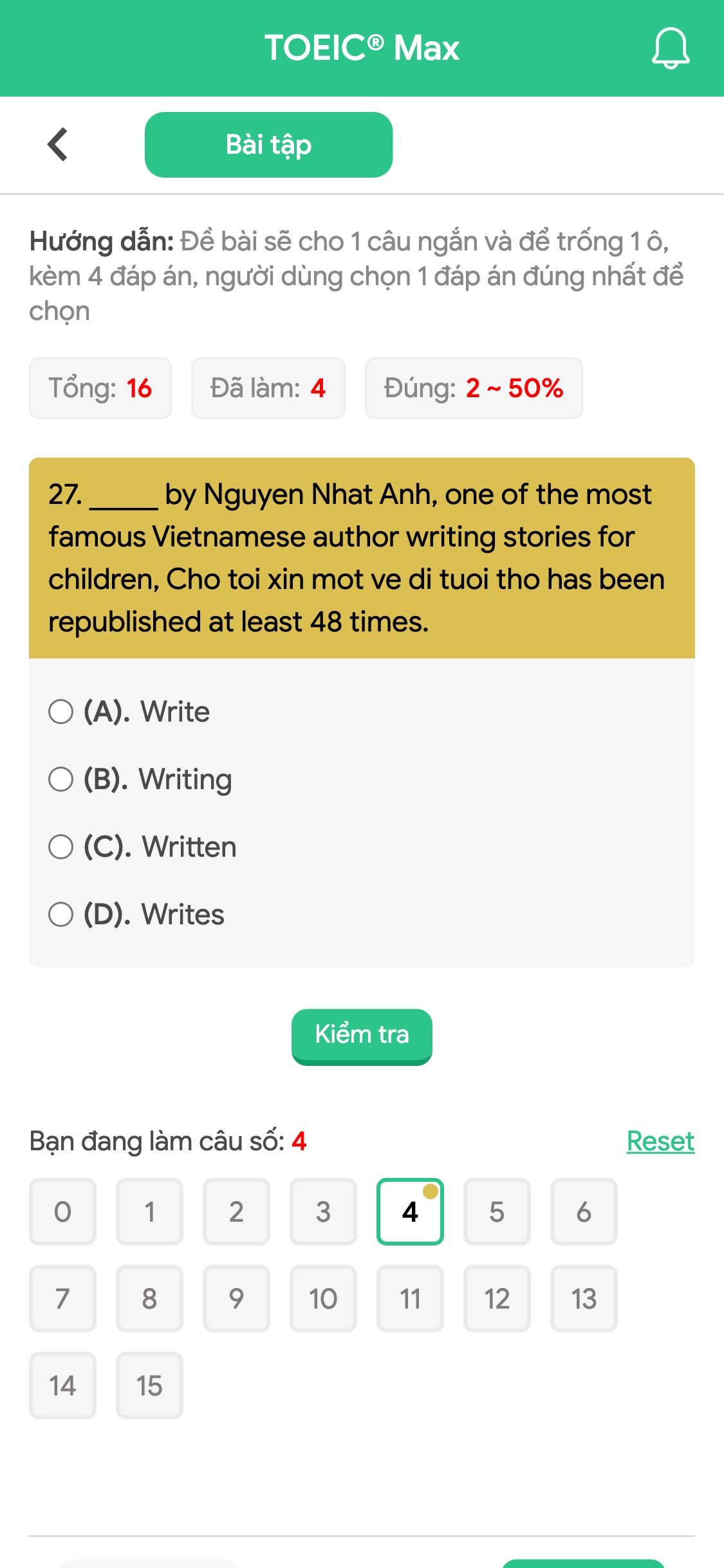 27. _____ by Nguyen Nhat Anh, one of the most famous Vietnamese author writing stories for children, Cho toi xin mot ve di tuoi tho has been republished at least 48 times.